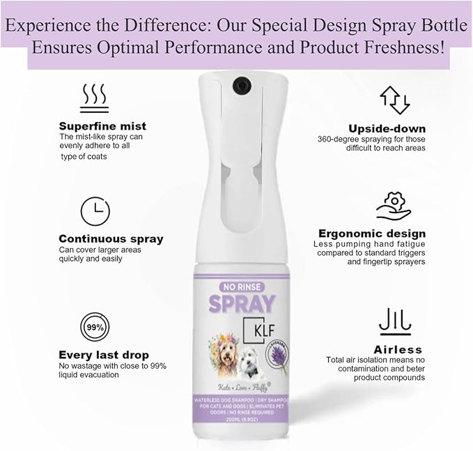 Dogs & Cats Dry Shampoo No Rinse spot Cleaning Deodorant Light Lavender Scent 200ml Spray Mist
