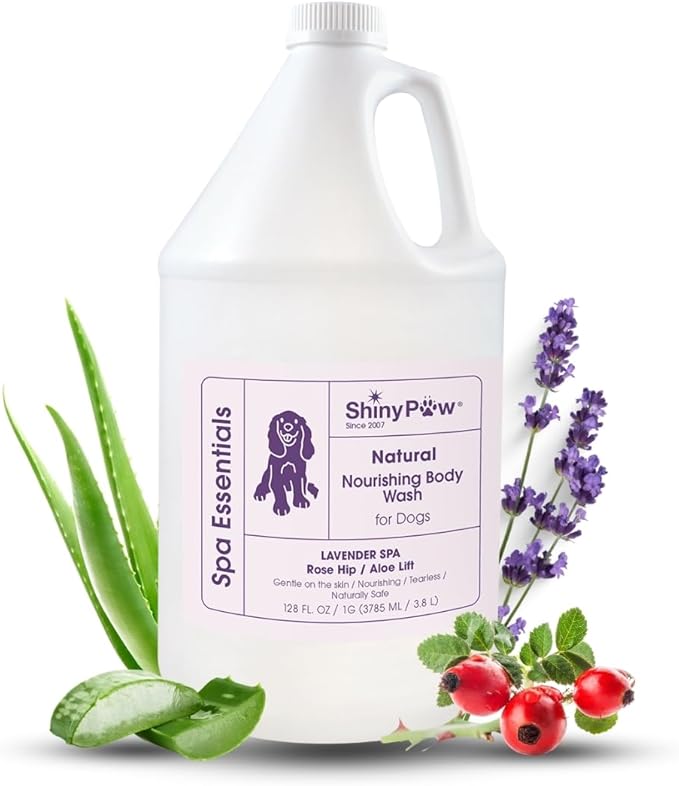 Lavender Shampoo Spa Essentials Nourishing Dog Body Wash 128 oz by Shiny Paw | Anti Itch Shampoo for Dogs | Dog Bath Coat Cleaner for Dogs | Made in The USA