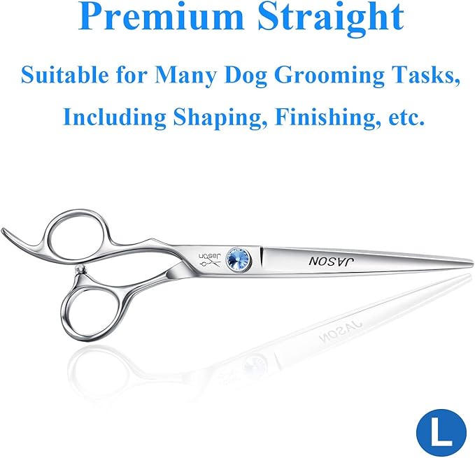 JASON Left Handed 7" Straight Dog Grooming Scissors, Premium Cats Grooming Shears Pets Trimming Kit with Offset Handle and a Jewelled Screw, Sharp, Comfortable