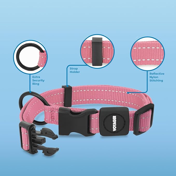 Voyager Reflective Dog Leash Collar Set with Neoprene Handle Supports Small, Medium, and Large Breed Puppies, Cute and Heavy Duty for Walking, Running, and Training - Pink, S