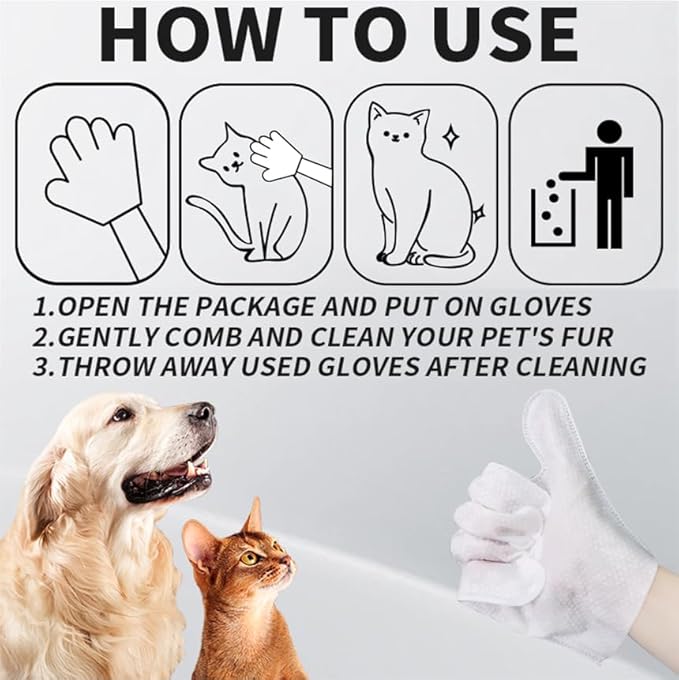 Cleaning Glove for Dog and Cat, Wipes Gloves for Dog and Cat Fur Face, Ear, Eye, Paws Cleaning Wipes Pet Wash Free Gloves, Grooming Wipes for Pet No Rinse Thick Dog Wipes Gloves(6 Pcs)