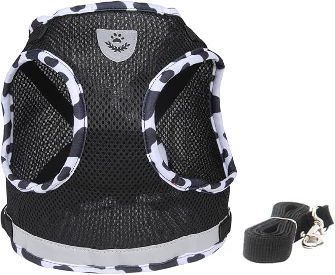 FEimaX Dog Harness and Leash Set for Walking, Soft Mesh Adjustable Easy Control Lightweight Cat Vest Harnesses with Reflective Strips, Escape Proof Small Dogs Cats Vests (Cowblack, X-Small)