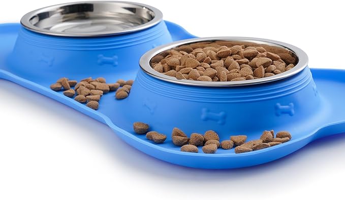 Hubulk Pet Dog Bowls 2 Stainless Steel Dog Bowl with No Spill Non-Skid Silicone Mat + Pet Food Scoop Water and Food Feeder Bowls for Feeding Small Medium Large Dogs Cats Puppies (Large, Blue)