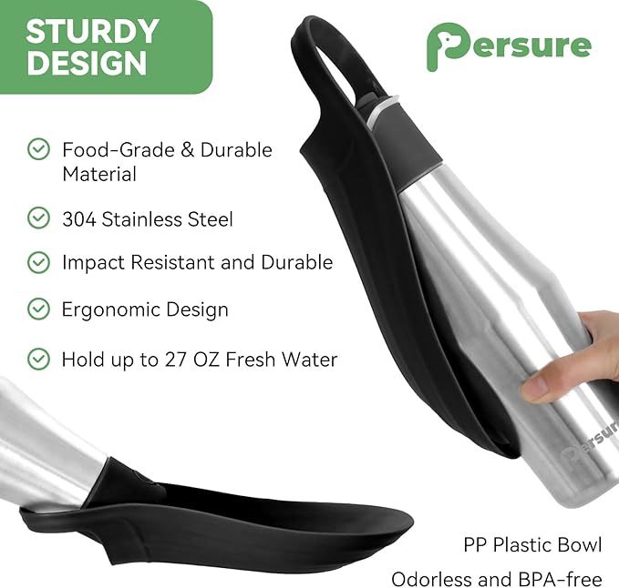 27 OZ Dog Water Bottle Portable Stainless Steel Convenient Pet Water Dispenser, Leak Proof Puppy Travel Water Bowl for Dog Outdoor Walking, Hiking, Perfect Size for All Dog Breeds, Black
