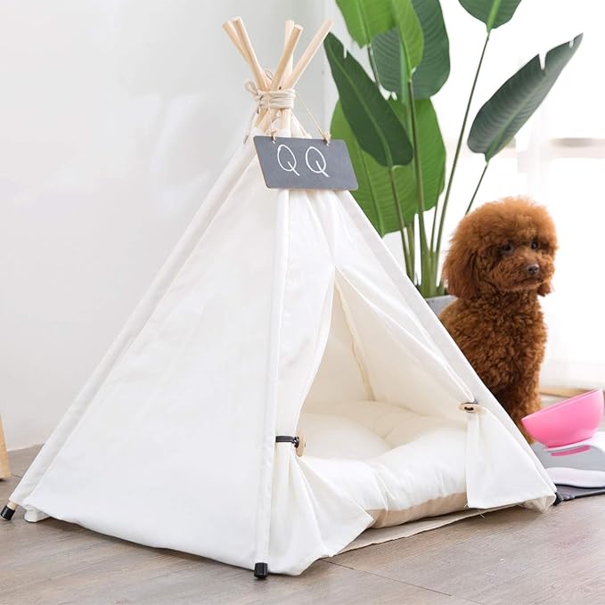 Dog Teepee Bed Cat Tent Portable Houses Pet Puppy with Thick Cushion (M:Size fits 9kg/20lbs (Pets))