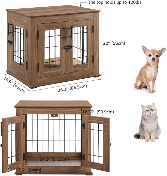 beeNbkks Furniture Style Dog Crate End Table, Double Doors Wooden Wire Dog Kennel with Pet Bed, Decorative Pet Crate Dog House Indoor Medium Large