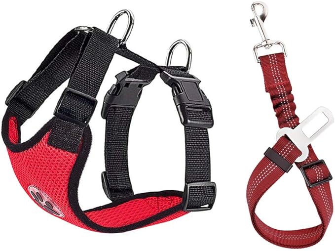 SlowTon Dog Seat Belt Harness for Car, Dog Car Harness Adjustable Mesh Breathable & Dog Seatbelt Safety Tether with Elastic Bungee for Small Medium Large Pets(Red Seatbelt, Single Clip, XXXS)