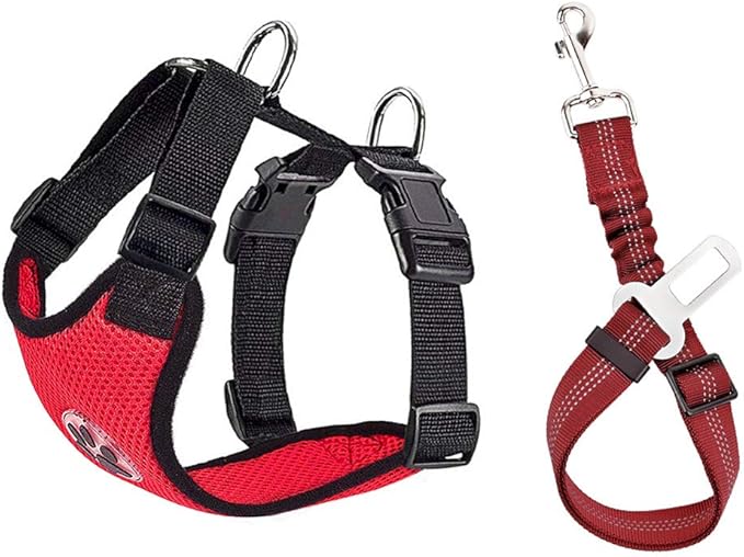 SlowTon Dog Seat Belt Harness for Car, Dog Car Harness Adjustable Mesh Breathable & Dog Seatbelt Safety Tether with Elastic Bungee for Small Medium Large Pets