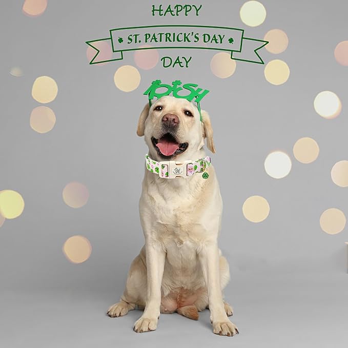 Elegant little tail St Patrick's Day Dog Collar-Cute Colver Cotton Shamrock Pet Collar Trefoil Pink Holiday Adjustable Cotton Pet Collar with Quick Release Buckle for Small Medium Large Dogs