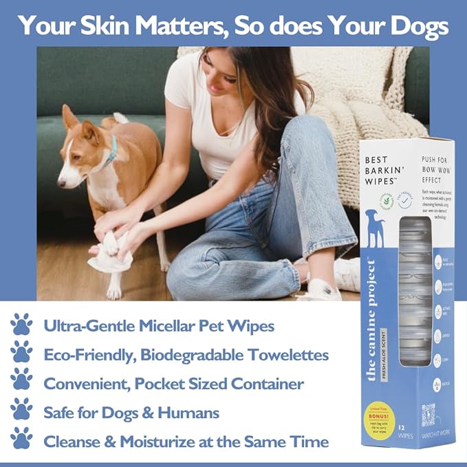 Best BARKIN' Wipes with Free Mesh Bag - Dog Wipes for Paws Ears and Butt - Micellar Aloe Scented Travel Friendly Puppy Wipes (12-Pack)