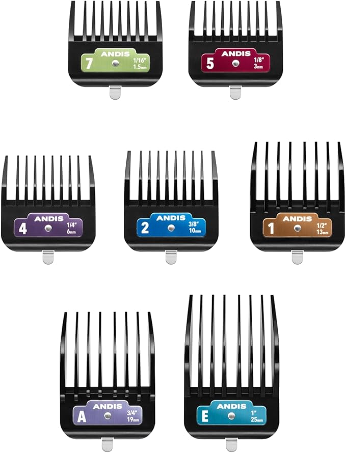 Andis 562014 Premium Clip Animal Comb Set – Built with Plastic, Includes 7 Color Coded Combs of Different Sizes, Metal Clip to Attach Comb - Fits Ultra Edge & Ceramic Edge Blades, Multicolor