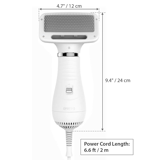 iPettie Pet Grooming Hair Dryer with Slicker Brush, White, Quiet, 2 Heat Settings, Professional Home Use for Short Straight Hair Cat, Narrow Gap Slicker Brush