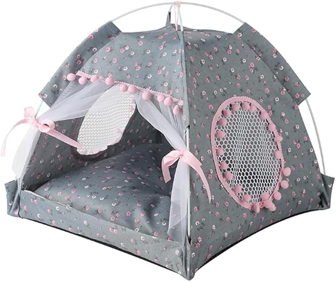 Cat Bed Tents Dog House Indoor Outdoor Lace Mesh Breathable Windows Door Curtains Removable Portable Nest Teepe House (Large,Gray&Pink)