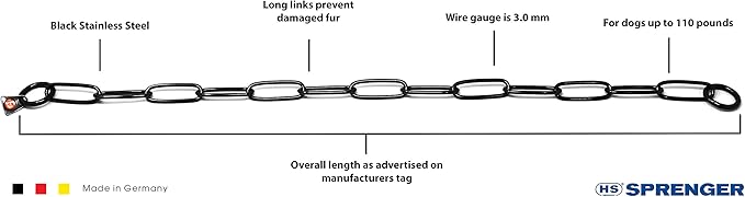 Herm. Sprenger Black Stainless Steel Long Link Fur Saver Dog Training Collar | No-Pull Slip Chain for Small Medium Large Dogs for Easy Control Made in Germany | 3mm, 53cm (21in)