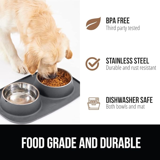 GORILLA GRIP Patent Pending 100% Waterproof BPA Free 3 Cup Cat and Dog Bowls Silicone Feeding Mat Set, Stainless Steel Bowl Slip Resistant Raised Edges, Catch Water, Food, Pet Accessories, Gray