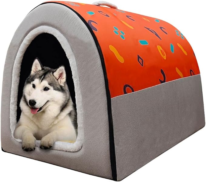 Dog Bed,2 Ways to Use,Indoor Pet House with Fluffy Mat,Removable and Washable Cover,Splash-Proof House and Non-Slip Bottom,for Large Dogs(2XL Orange & Gray)