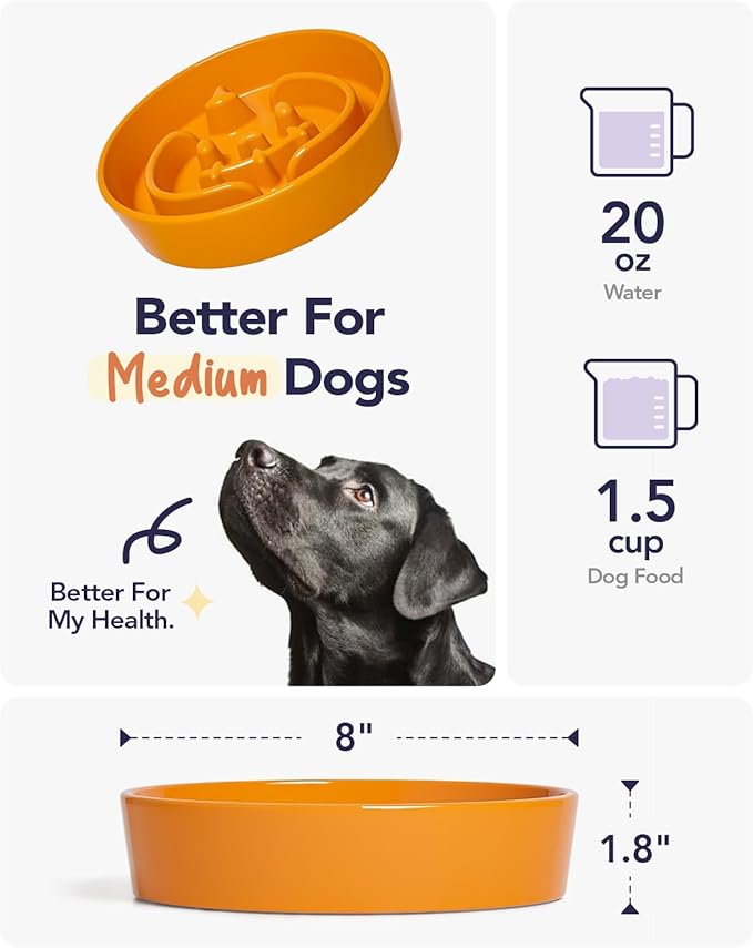 LE TAUCI Dog Bowls Slow Feeder Ceramic, 1.5 Cup Slow Feeding Bowl for Medium Breed Puppies & Fast Eaters, Puzzle Dog Food Bowl, Pumpkin Orange