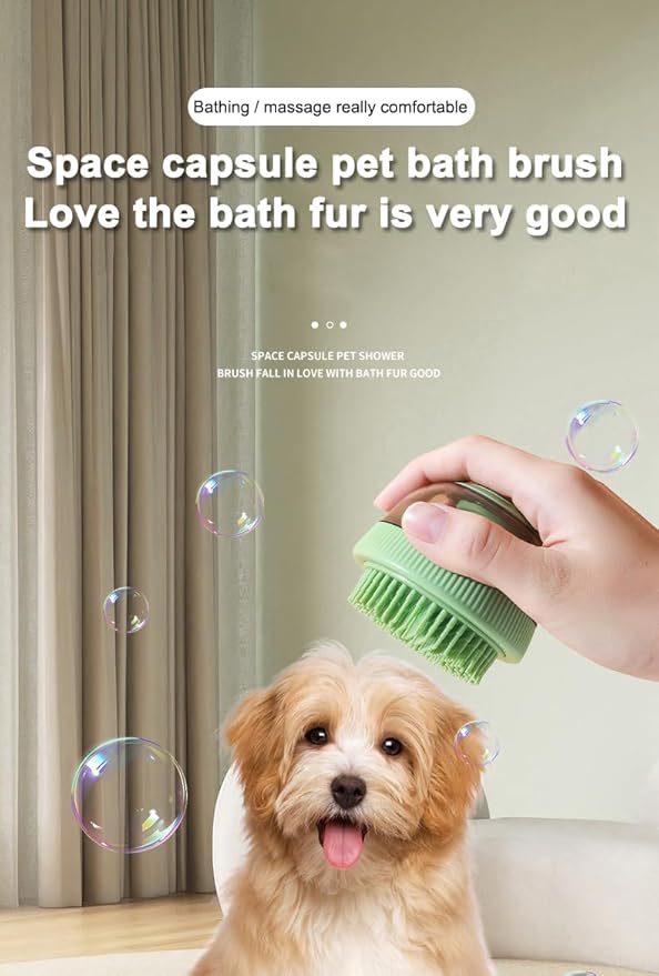 GERGOL - Dog Cat Bath Brush Comb Silicone Rubber Dog Grooming Brush Silicone Puppy Massage Brush Hair Fur Grooming Cleaning Brush Soft Shampoo Dispenser with release button 2 Replaceable Brush (Green)