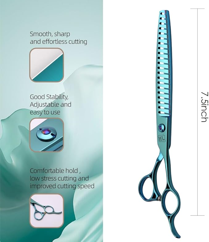 Dog Grooming Scissors: Blueish Green 7.5 inch Professional Pet Chunker Shears Made Of Japanese 440C Advanced Stainless Steel for Dogs Cats and Other Pets