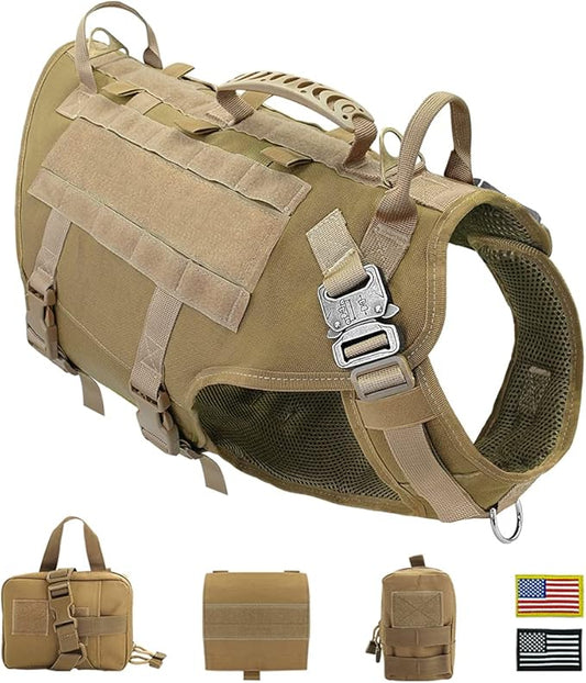 PET ARTIST Tactical Dog Harness for Hiking Training, No Pull Vest Harness for Medium Large Dogs, with Pouches and Patches Coyote Brown, XL