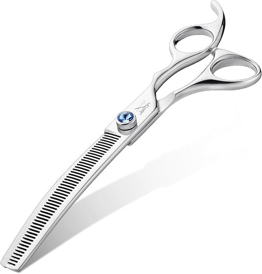 JASON 7" Curved Thinner Dog Scissors - Ergonomic Dog Grooming Scissors Silver Curved Blender Dog Shears 440C Stainless Steel Grooming Shears Professional Pet Shears For Groomer (50-Teeth)