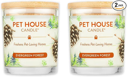One Fur All Pet House Candle 2 Pack -Plant-Based/Soy Candle - Clean Burning Scented Candles, Long Lasting Pet Odor Candle for Home - Evergreen Forest
