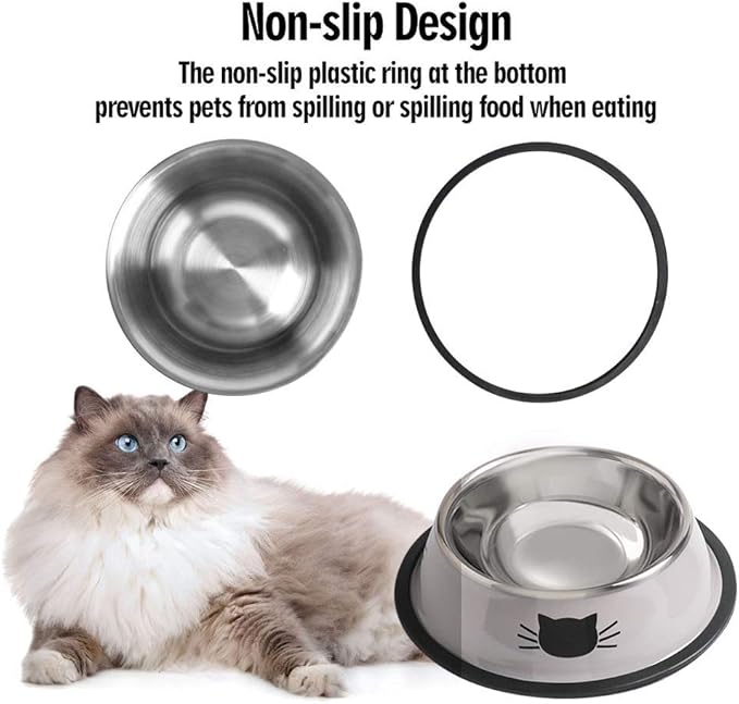 Cat Bowls for Food and Water,2PCS Rapsrk Non-Slip Stainless Steel Small 8 Oz Pet Bowl with Removable Rubber Base Dog Bowl,Stackable Puppy Dishes with Cute Cat Painted
