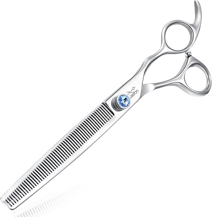 JASON 7.5" 56-Tooth Blending Dogs Grooming Scissors Cats Thinning Shears Pets Blender Thinner Trimming Texturizing Kit with Offset Handle Blue Jewelled Screw (7.5 Inch)