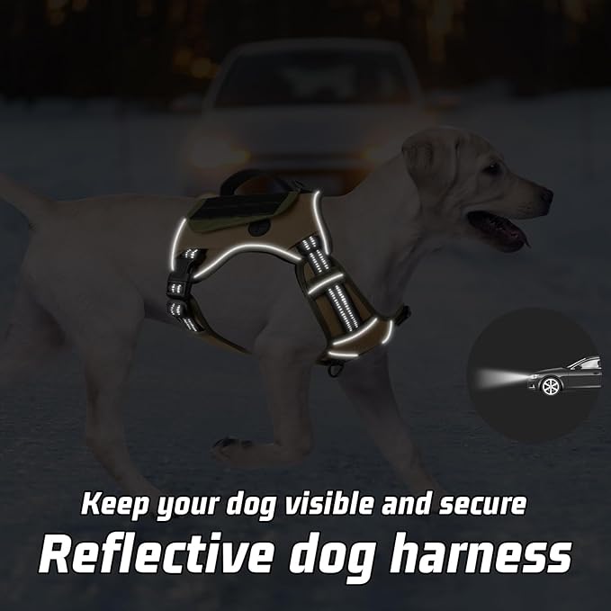 WINGOIN Tactical Dog Harness for Large Dogs, No Pull Harness with Handle 2 Pockets Poop Bag, Reflective Dog Vest, Military Service Heavy Duty Big Dog Harness for Walking Hiking Training, Khaki, L