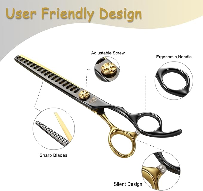 Black & Gold Professional Chunker Dog Grooming Scissors with Decorative Screw Sharp and Durable Japanese 440C Stainless Steel Pet Cat Texturizing Thinner Shears with Safe Round Tip 7.5''