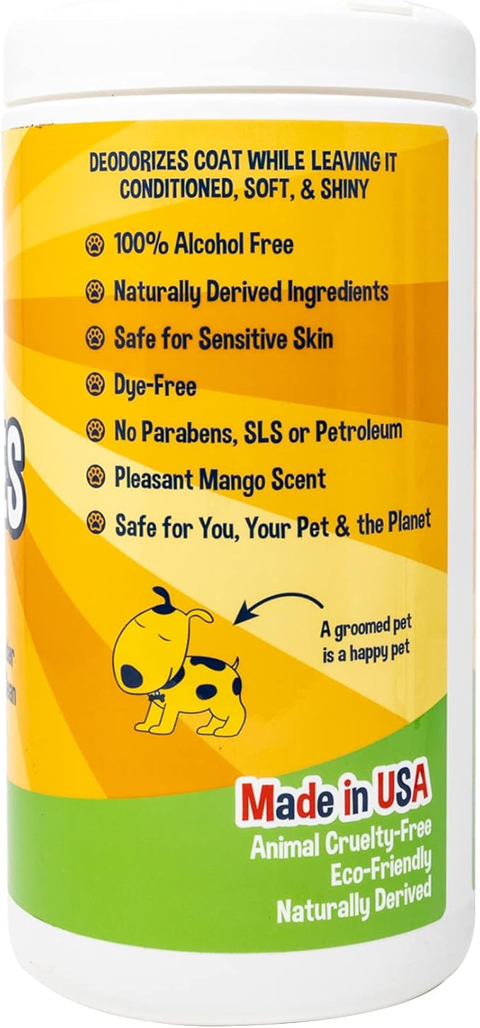 Bodhi Dog Pet Wipes - Grooming, Cleaning and Deodorizing Wipes for Dogs & Cats - No Parabens or SLS - Large, Thick, Wet Wipes - Wipe Away Pet Odors & Refreshes Coat - Mango Scent (75 Count)