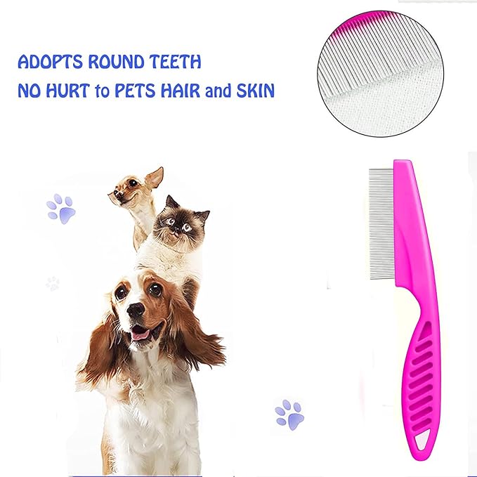 4 Pcs Pet Grooming Kit for Small Long and Short Haired Dogs, Cats & Puppies, Flea & Lice Comb, Tear Stain Remover, Fine-Toothed Comb for Knots, Crust & Mucus (Pink)