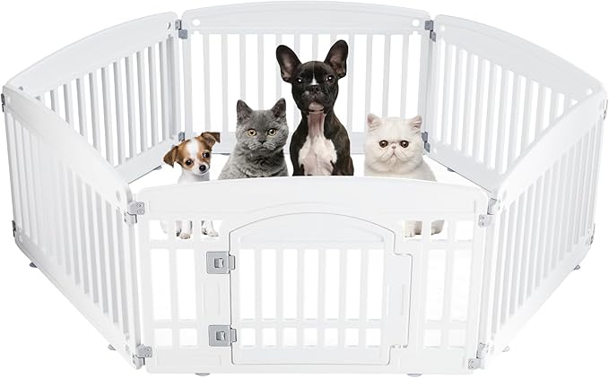 Plastic Dog Playpen | 6-Panel 24" Safe & Secure Indoor/Outdoor Pet Fence | Folding & Portable | 35 x 35 x 24IN, Ideal for Small to Medium Dogs | Easy to Clean （White）