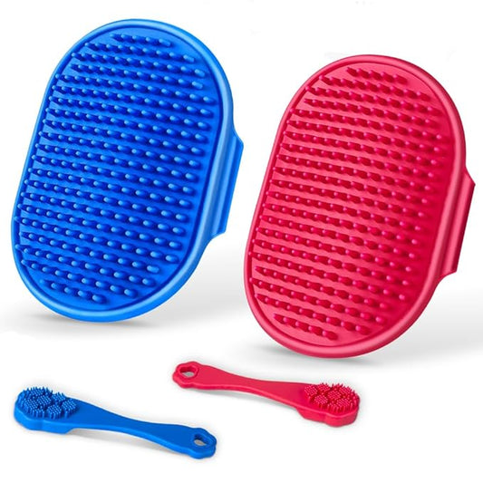 4PCS Dog Bath Brush | Scrubber for Bath | Shampoo Brush | Toothbrush | Finger Toothbrush | Dog Shower/Washing Brush with Adjustable Ring Handle - Pet Bath Supplies (Blue Red)