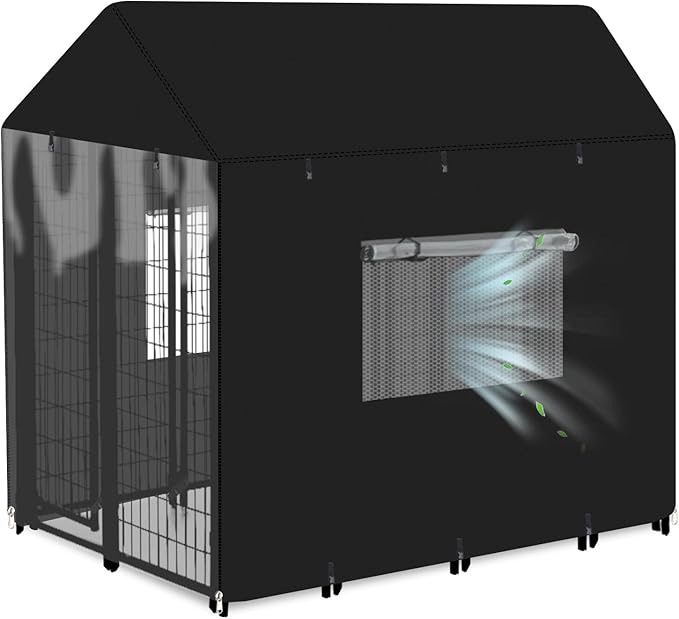 Outdoor Dog Kennel Cover Heavy Duty Full Coverage 600D Waterproof and Durable Dog Crate Cover for 8'Dx4'Wx6'H Multiple Brands of Dogs Kennelswith Mesh Breathable Good Observation（Covers Only）