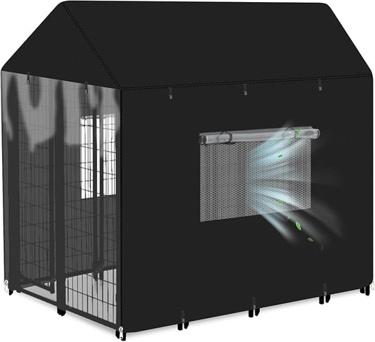 Outdoor Dog Kennel Cover Heavy Duty Full Coverage 600D Waterproof and Durable Dog Crate Cover for 8'Dx4'Wx6'H Multiple Brands of Dogs Kennelswith Mesh Breathable Good Observation（Covers Only）
