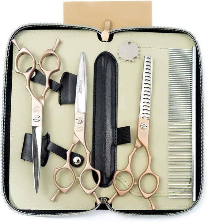 Moontay 6.5" Professional Pet Grooming Scissors Set, 3-pieces Dog Cat Grooming Straight & Curved & Chunker Shears/Scissors with 1 Grooming Comb, 440C Japanese Stainless Steel Grooming Scissor, Gold