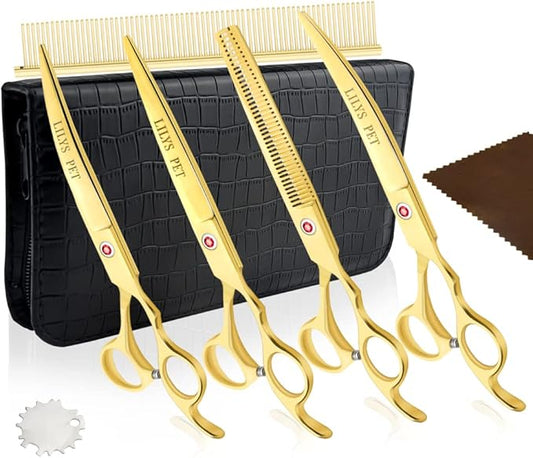 LILYS PET Professional PET DOG Grooming Coated Titanium scissors suit Cutting&Curved&Thinning shears (7.0 inches, Gold)…