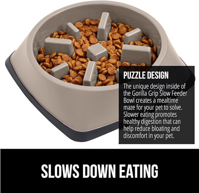 Gorilla Grip Slow Feeder Dog and Cat Bowls, Interactive Puzzle Toy for Dogs and Cats Food Training, Keeps Pets Busy and Prevents Puppy Overeating, Large, Small Breeds, 100% BPA Free, 4 Cup Beige