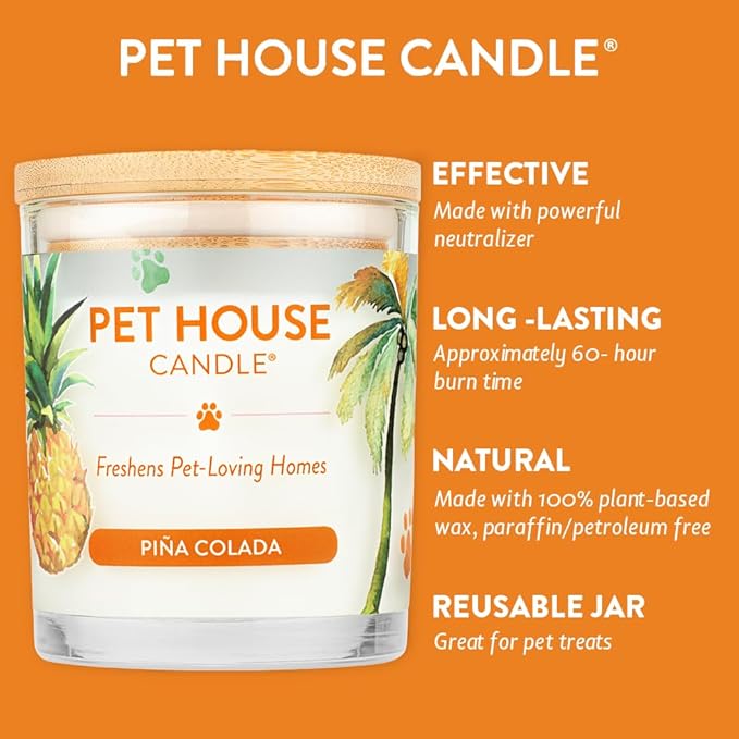 Pet House 9 oz Pina Colada Scented Pet Odor Candle, Clean Burning, Long Lasting, Plant Based Spring, Summer Scented Soy Candles, 60 Hour Burn Time, Pack of 2