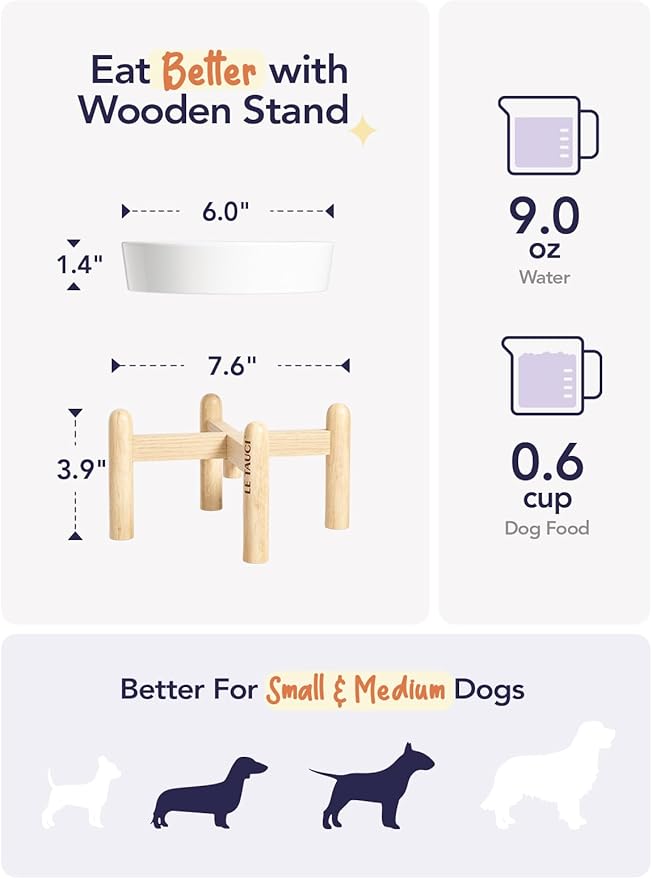 LE TAUCI Ceramic Slow Feeder Dog Bowls Elevated, 0.6 Cups Raised Dog Bowl with Wooden Stand for Small Breed, Dog Dishes to Slow Down Eating, Puzzle Dog Food Bowl, Angel White