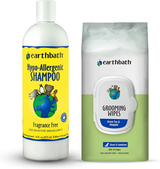earthbath, Hypoallergenic Dog Shampoo and Green Tea & Awapuhi Grooming Wipes - Fragrance Free Dog Shampoo for Allergies and Itching, Dog Wipes for Paws and Butt, Cruelty-Free - 16 Oz, 30 Wipes