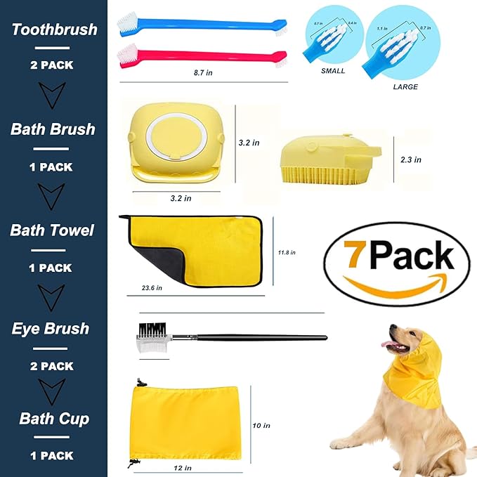 Dog Bath Brush 7-in-1 Set,Double Head Dog Eye Comb Tear Stain Remover, Double Head Dog Toothbrush, Dog Grooming Bath Brush with Shampoo Dispenser,Dog Bath Cap for Ear Protection and Dog Drying Towel