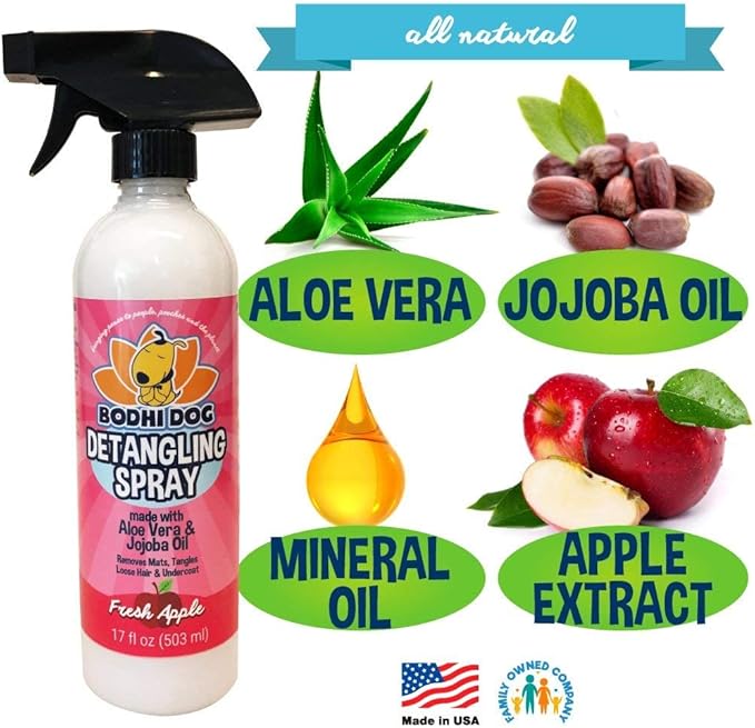 Bodhi Dog Detangling Spray - Fur & Hair Detangler Spray for Dogs & Cats - Easily Removes Mats, Tangles & Knots - Pet Grooming Essentials - Made in USA - Fresh Apple (17 Fl Oz)