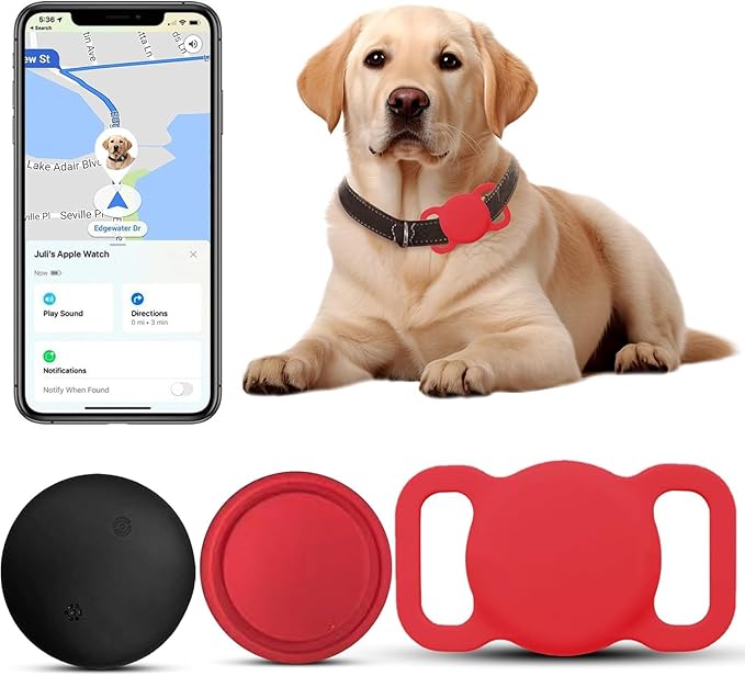Smart Dog Tracker, Pet Tracker for Dogs and Cats, MFi Certificated Tracking Device with Collar Holder, Smart Bluetooth Tracker, No Monthly Fee, Works with Find My, Not GPS Tracker (iOS Only) - Red