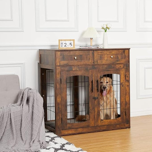 Dog Crate Furniture with Storage Drawers,39.4" Wooden Dog Crate Table with 2 Drawers,Indoor Dog Kennel with Cushion,Dog House,Dog Cage,Side End Table Crate,Rustic brown