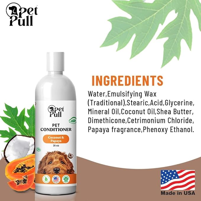 Dog Conditioner Puppy Essentials - Moisturizing Conditioner for Dogs with Coconut and Papaya Scent - Plant Based Dog Bath Supplies Detangle and Revive Pet's Coat - Made in USA (16 Oz)