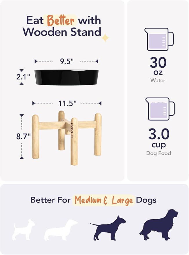 LE TAUCI Ceramic Slow Feeder Dog Bowl Elevated, 3 Cups Raised With Wooden Stand for Medium Large Breed, Dishes to Slow Down Eating, Puzzle Food Bowl, Skull Black