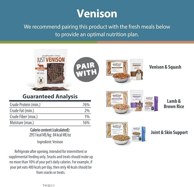 JustFoodForDogs Venison Dog Treats, Single-Ingredient Healthy Dog Treats, Made in The USA, 5 oz