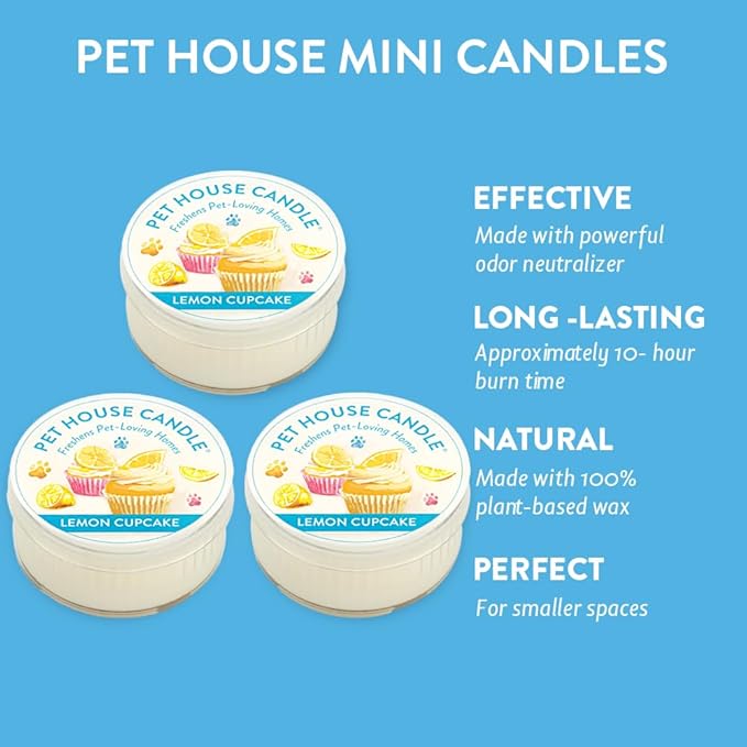 One Fur All Pet House Mini Candles for Pet Odor Made with Natural Soy Wax, Plant Based, Dog and Cat Friendly Scented Candles, Lemon Cupcake Pack of 3